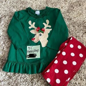 Bailey Boys Green Reindeer Set with Red Polka Dot Pants - 3T